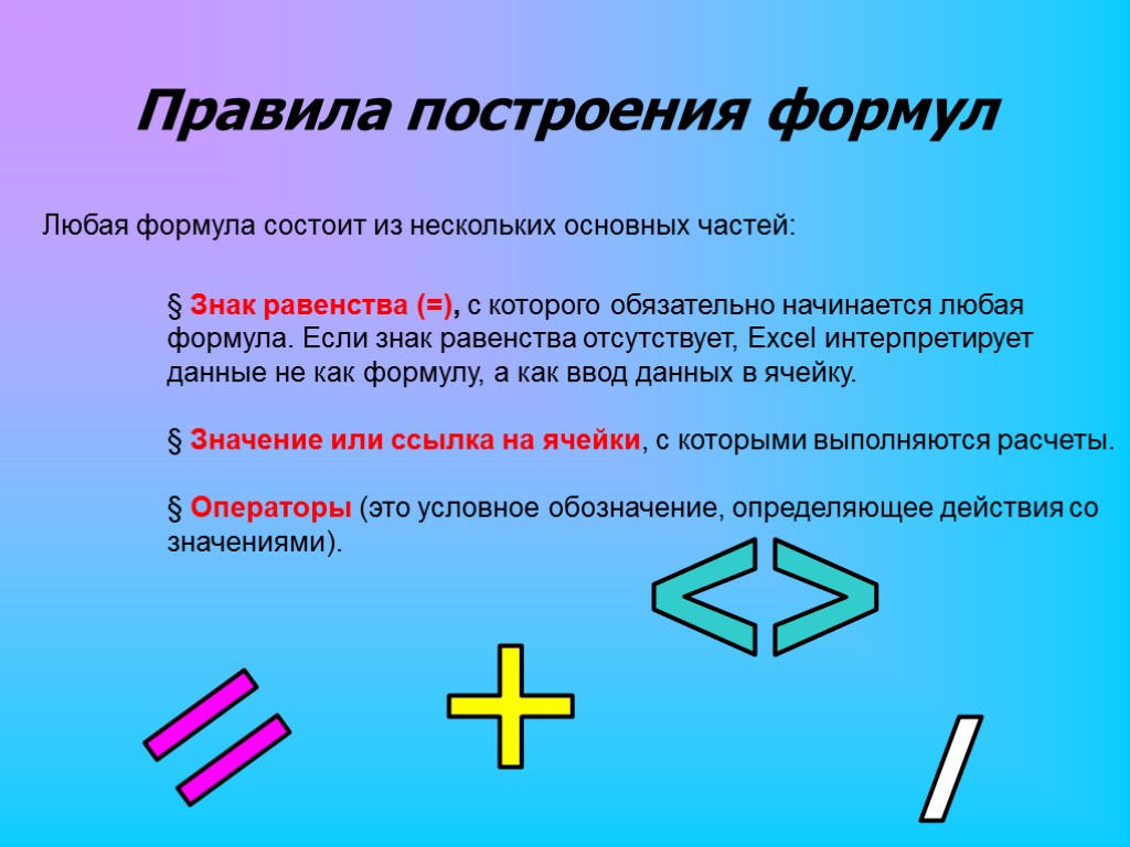 Правила построения формул Любая формула состоит из нескольких основных частей: Знак равенства (=), с